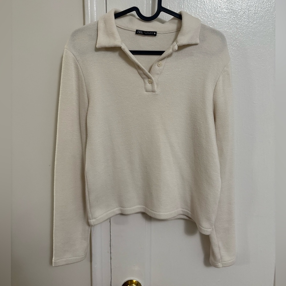 Zara Cream Button Down Polo Collar Top